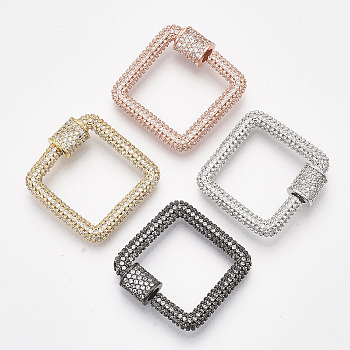 Brass Micro Pave Cubic Zirconia Screw Carabiner Lock Charms, for Necklaces Making, Square, Clear, Mixed Color, 23x24x3~6mm