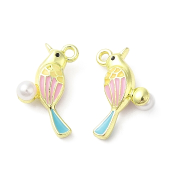 Alloy Enamel Pendants, with ABS Imitation Pearl, Golden, Bird Charm, Pink, 21.5x13.5x6.5mm, Hole: 1.8mm