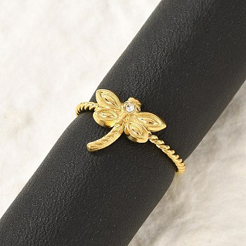 304 Stainless Steel Crystal Rhinestone Cuff Rings for Women, Dragonfly Open Rings, Golden, Dragonfly: 12x13mm, Adjustable