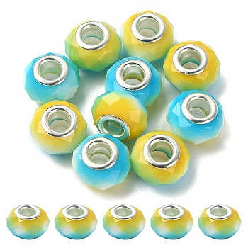 Glass European Beads, Large Hole Beads, with Silver Tone Brass Double Cores, Faceted Rondelle, Goldenrod, 14x9mm, Hole: 5mm