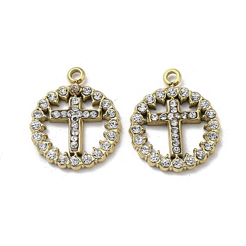304 Stainless Steel Pendants, with Crystal Rhinestone, Ring with Cross Charms, Real 14K Gold Plated, 17x14x2mm, Hole: 1.5mm
