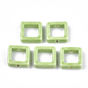 Handmade Porcelain Bead Frames, Bright Glazed Porcelain, Square, Light Green, 15.5~16x15.5x5.5mm, Hole: 2mm