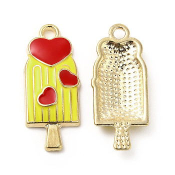 Summer Theme Alloy Enamel Pendants, Ice Sucker with Heart Charms, Golden, Yellow, 24x10x3mm, Hole: 1.8mm