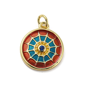 Real 14K Gold Plated Brass Enamel Charms, Long-Lasting Plated, Spider Web, Red, 14x12x2mm, Hole: 3.4mm