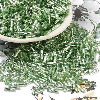 Glass Twist Bugle Beads, Silver Lined, Lime Green, 7x2mm, Hole: 0.8mm, about 15000pcs/pound