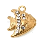 304 Stainless Steel Pendants, Fish Charms, with Rhinestone, Ion Plating(IP), Golden, 13.5x11.5x5mm, Hole: 1.5mm(STAS-B128-23A-G)