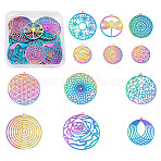 48Pcs 12 Style 201 Stainless Steel Filigree Pendants, Etched Metal Embellishments, Mixed Shapes, Rainbow Color, 4pcs/style(STAS-FW0001-15)