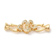 Flower Brass Micro Pave Clear Cubic Zirconia Fold Over Clasps, Real 18K Gold Plated, 39mm, Hole: 4.5mm(KK-A227-28G)