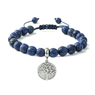 Adjustable Natural Lapis Lazuli Braided Bead Bracelets, 304 Stainless Steel Charms Bracelets for Women, Tree of Life, Inner Diameter: 2~2.95 inch(5~7.5cm)(BJEW-JB09888-01)