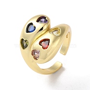 Rack Plating Brass with Colorful Cubic Zirconia Open Cuff Rings, Teardrop with Heart, Real 16K Gold Plated, US Size 5 3/4(16.3mm)(RJEW-M158-04G)