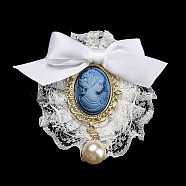 Romantic Classic Polyester Lace Bowknot Brooch for Women, with Iron Pin & Plastic Imitation Pearl, Oval, Steel Blue, 69.5~71.5x64~70x24~26.5mm(JEWB-B011-02E)