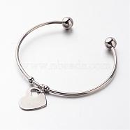 304 Stainless Steel Cuff Bangles, Heart Charm Bangles, Stainless Steel Color, 61mm(BJEW-JB02389-04)
