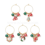 Christmas Theme Alloy Enamel Wine Glass Charms, with Brass Wine Glass Charm Rings and Resin Beads, Wreath/Bell/Tree/Snowflake/Sock, Mixed Color, 46~50x25mm(AJEW-JO00194)
