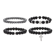 4Pcs 4 Style Natural Eyeless Obsidian & Lava Rock Beaded Bracelets Set, Cubic Zirconia Cross Charms Stackable Bracelets for Women, Mixed Color, Inner Diameter: 2-1/8~2-3/8 inch(5.45~6.1cm), 1Pc/style(BJEW-JB09085)