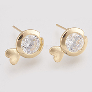 Brass Cubic Zirconia Stud Earrings, Fish, Nickel Free, Real 18K Gold Plated, 11x15mm, Pin: 0.8mm(X-KK-T029-114G)