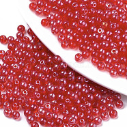 Transparent Glass Beads, Lustered, Round, Red, 4x3mm, Hole: 1mm, about 4500pcs/bag(SEED-S040-08A-08)
