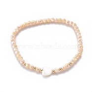 Faceted Glass Beaded Stretch Bracelets, with Brass Beads and Heart Natural Trochid Shell Beads, Navajo White, Inner Diameter: 2-1/4 inch(5.8cm)(BJEW-JB05485-05)
