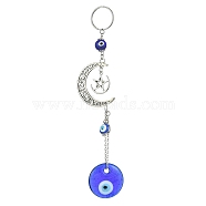 Flat Round with Evil Eye Handmade Lampwork Pendant Decorations, with Alloy Moon & Star Hanging Ornaments, Blue, 158mm(HJEW-JM01243)