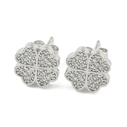 Brass Micro Pave Cubic Zirconia Ear Studs, Clover, Platinum, 11.5x11.5mm(EJEW-P261-20P)