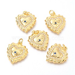 Brass Micro Pave Clear & Blue Grade AAA Cubic Zirconia Pendants, with Jump Rings, Heart with Eye, Real 18K Gold Plated, 16.8x14.7x2.7mm, Hole: 2.5mm(ZIRC-O036-12G)