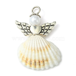 Spiral Shell Angel Pendants, Angel Charms with Alloy Wing, Antique Silver, 35x22.5x9mm, Hole: 3mm(PALLOY-JF02507-02)