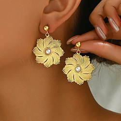 Elegant Stainless Steel Imitation Pearl Stud Earrings, Golden, Flower, 30x30mm(VF4299-2)