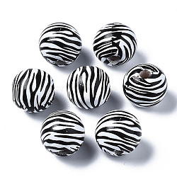 Painted Natural Wood European Beads, Large Hole Beads, Printed, Round with Zebra-Stripe, Black, 16x15mm, Hole: 4mm(X-WOOD-S057-053)