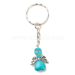 Dyed Synthetic Turquoise Keychains, with CCB Plastic Beads and Iron Split Key Rings, Angel, Dark Turquoise, 8cm(KEYC-JKC00328-04)