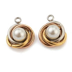 304 Stainless Steel Charms, with White Plastic Imitation Pearl Beads, Vortex, Golden & Stainless Steel Color, 14x12x7mm, Hole: 1.6mm(STAS-Z009-07GP)