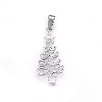 304 Stainless Steel Pendants, Christmas Tree with Star, Stainless Steel Color, 33x16x2mm, Hole: 7x4mm
