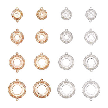 16Pcs 16 Style Brass Pendant Cabochon Settings & Cabochon Connector Settings, Flat Round, Mixed Color, Tray: 6.3~12.5mm, 12~19.5x10~16x2.5mm, 1pc/style