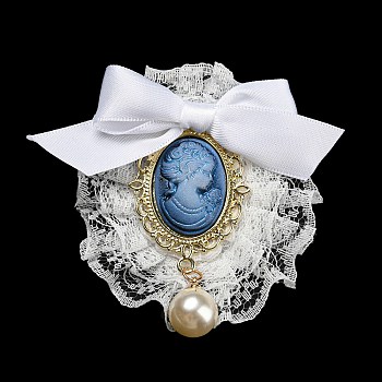 Romantic Classic Polyester Lace Bowknot Brooch for Women, with Iron Pin & Plastic Imitation Pearl, Oval, Steel Blue, 69.5~71.5x64~70x24~26.5mm