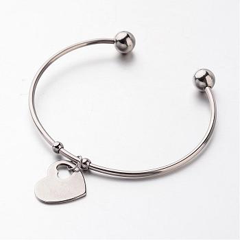 304 Stainless Steel Cuff Bangles, Heart Charm Bangles, Stainless Steel Color, 61mm