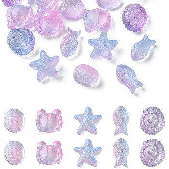 25Pcs 5 Style Ocean Themed Transparent Glass Beads Sets, Mixed Shapes, Pearl Pink, 12~15x8~15x5~9mm, Hole: 1mm, 5pcs/style