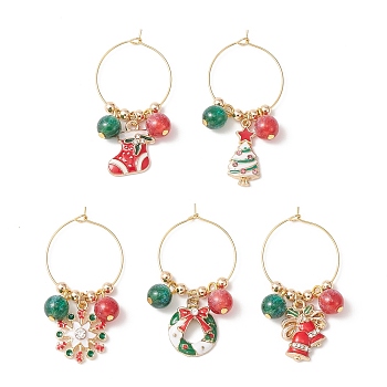 Christmas Theme Alloy Enamel Wine Glass Charms, with Brass Wine Glass Charm Rings and Resin Beads, Wreath/Bell/Tree/Snowflake/Sock, Mixed Color, 46~50x25mm