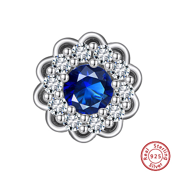 Rhodium Plated 925 Sterling Silver Beads, with Blue Cubic Zirconia, Flower, Real Platinum Plated, 10.5x6.5mm, Hole: 1.2mm