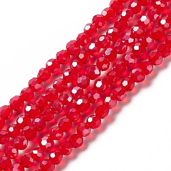 Electroplate Glass Bead Strands, Pearl Luster Plated, Faceted(32 Facets), Round, Red, 4mm