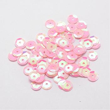 Plastic Paillette Beads, Semi-cupped Sequins Beads, Center Hole, Pink, 8x0.5mm, Hole: 1mm
