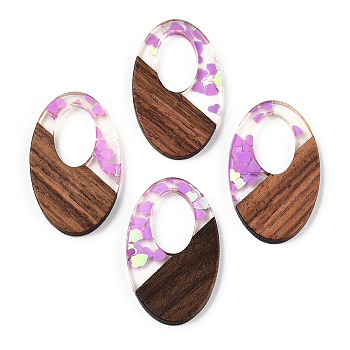 Transparent Resin & Walnut Wood Pendants, Oval Charms with Heart Paillettes, Violet, 35.5x22x3.5mm, Hole: 16x10mm