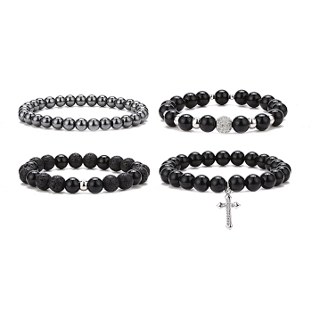 4Pcs 4 Style Natural Eyeless Obsidian & Lava Rock Beaded Bracelets Set, Cubic Zirconia Cross Charms Stackable Bracelets for Women, Mixed Color, Inner Diameter: 2-1/8~2-3/8 inch(5.45~6.1cm), 1Pc/style