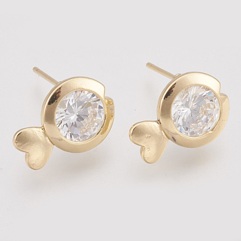 Brass Cubic Zirconia Stud Earrings, Fish, Nickel Free, Real 18K Gold Plated, 11x15mm, Pin: 0.8mm