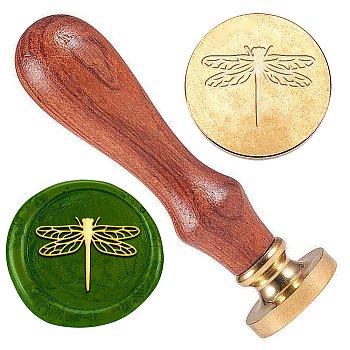 Wax Seal Stamp Set, Golden Tone Sealing Wax Stamp Solid Brass Head, with Retro Wooden Handle, for Envelopes Invitations, Gift Card, Dragonfly, 83x22mm