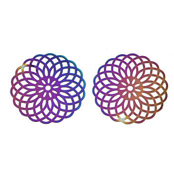 Ion Plating(IP) 201 Stainless Steel Filigree Joiners Links, Etched Metal Embellishments, Flower, Rainbow Color, 40x40x0.3mm