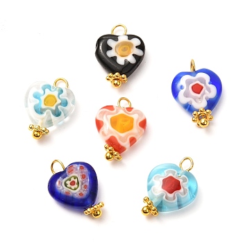 Handmade Lampwork Pendants, Heart, with Flower Pattern and Brass Ball Head pins, Mixed Color, 15x10x4mm, Hole: 1.8~2.2mm