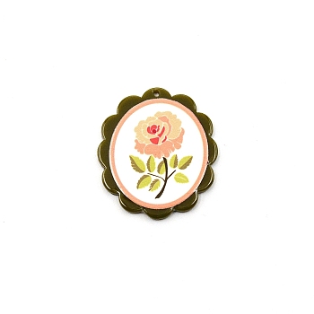 Opaque Embossed Printed Acrylic Pendants, Oval with Flower, Dark Olive Green, 39.5x35x2mm, Hole: 1.6mm