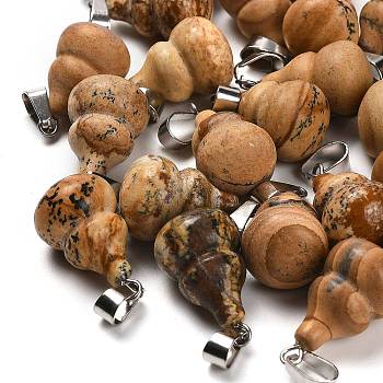 Natural Picture Jasper Pendants, with 201 Stainless Steel Finding, Gourd, 22~23x13mm, Hole: 4x7mm