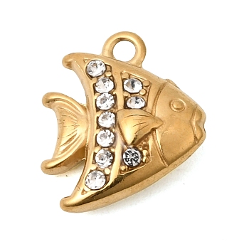 304 Stainless Steel Pendants, Fish Charms, with Rhinestone, Ion Plating(IP), Golden, 13.5x11.5x5mm, Hole: 1.5mm