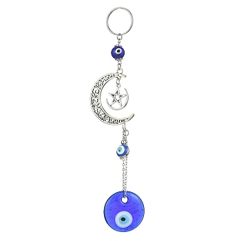 Flat Round with Evil Eye Handmade Lampwork Pendant Decorations, with Alloy Moon & Star Hanging Ornaments, Blue, 158mm