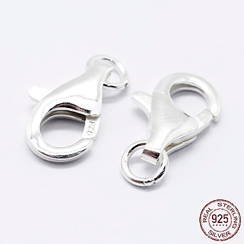 Rhodium Plated 925 Sterling Silver Lobster Claw Clasps, with 925 Stamp, Platinum, 15.5mm, Hole: 2mm
