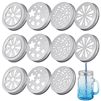 32Pcs 4 Styles Aluminium Hollow Candle Lids, Candle Toppers, Flat Round with Flower/Snowflake/Spider Web, Mixed Shapes, 70~72.5x13~15mm, Inner Diameter: 66~68mm, 8pcs/style